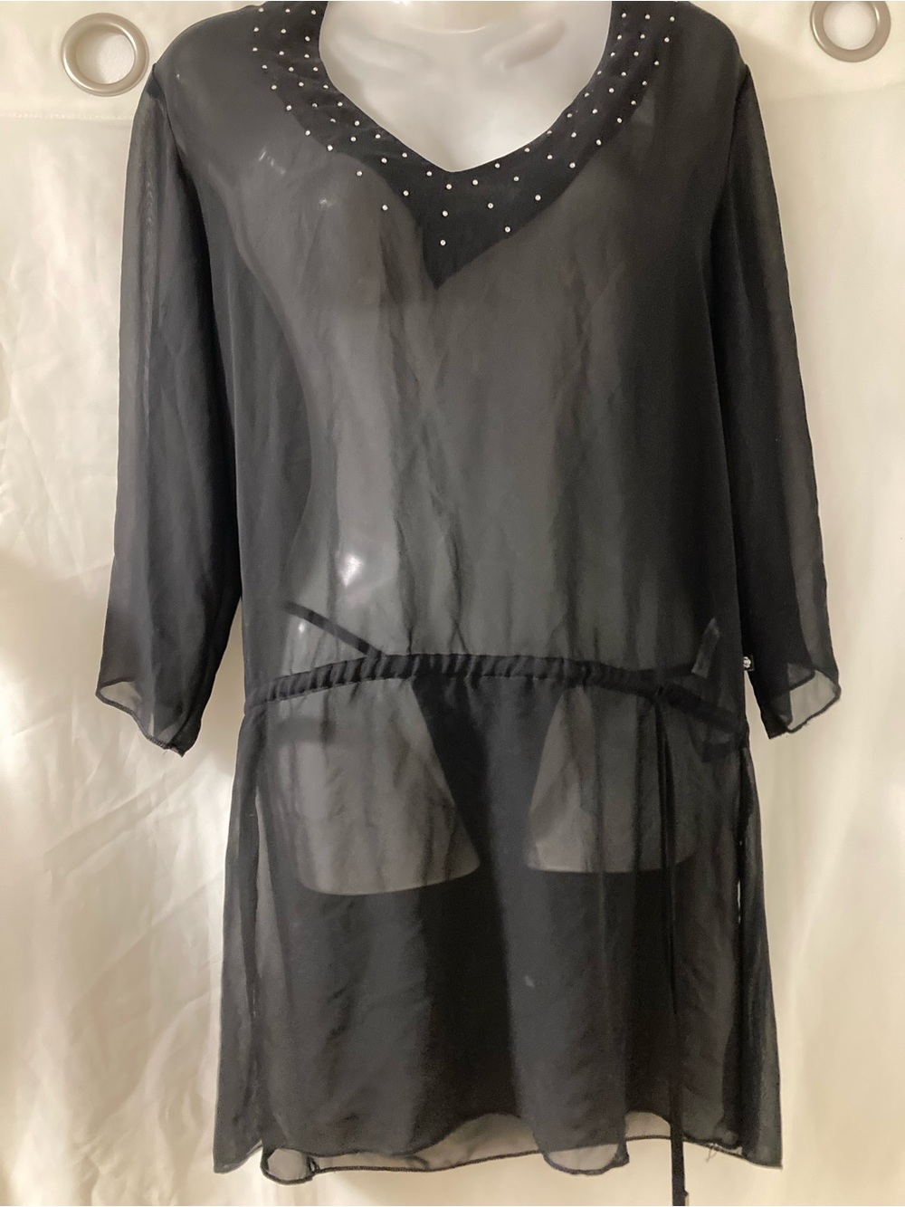 La Vie en Rose Aqua Black Sheer Rhinestone Cover Up Tunic Small